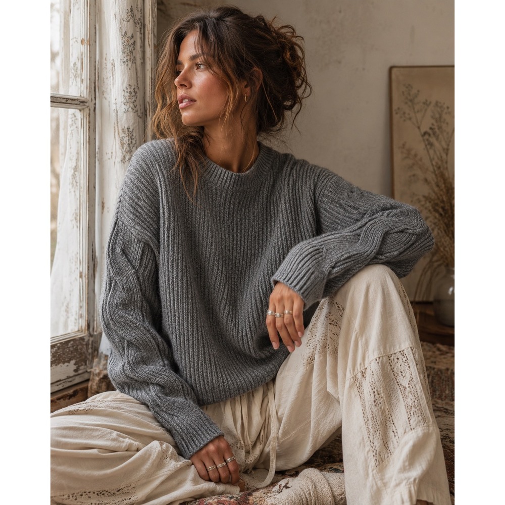 Splendid Collection Gray Cable Knit‎ Wool/Cashmere Blend Women's Sweater- Size L